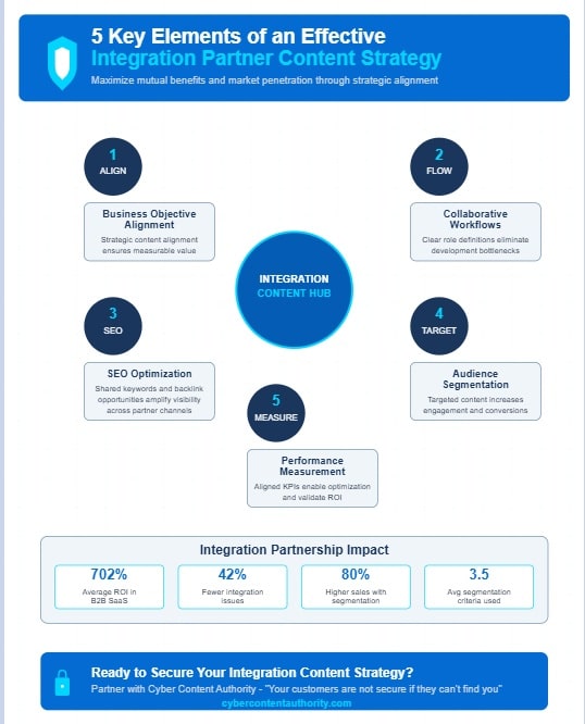 Integration partner content strategy infographic showing 5 key elements: business objective alignment, collaborative workflows, SEO optimization, audience segmentation, and performance measurement with cybersecurity shield design