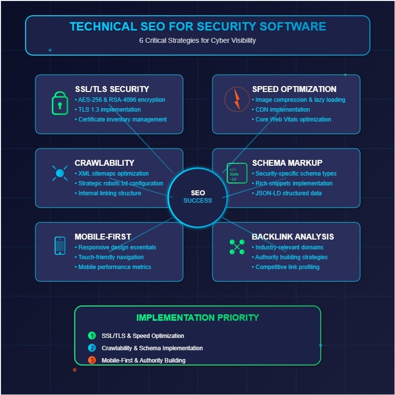 Technical SEO strategies infographic for security software success featuring 6 critical optimization tactics: SSL/TLS security implementation, site speed optimization, crawlability best practices, schema markup strategies, mobile-first indexing, and technical backlink analysis for enhanced cybersecurity visibility