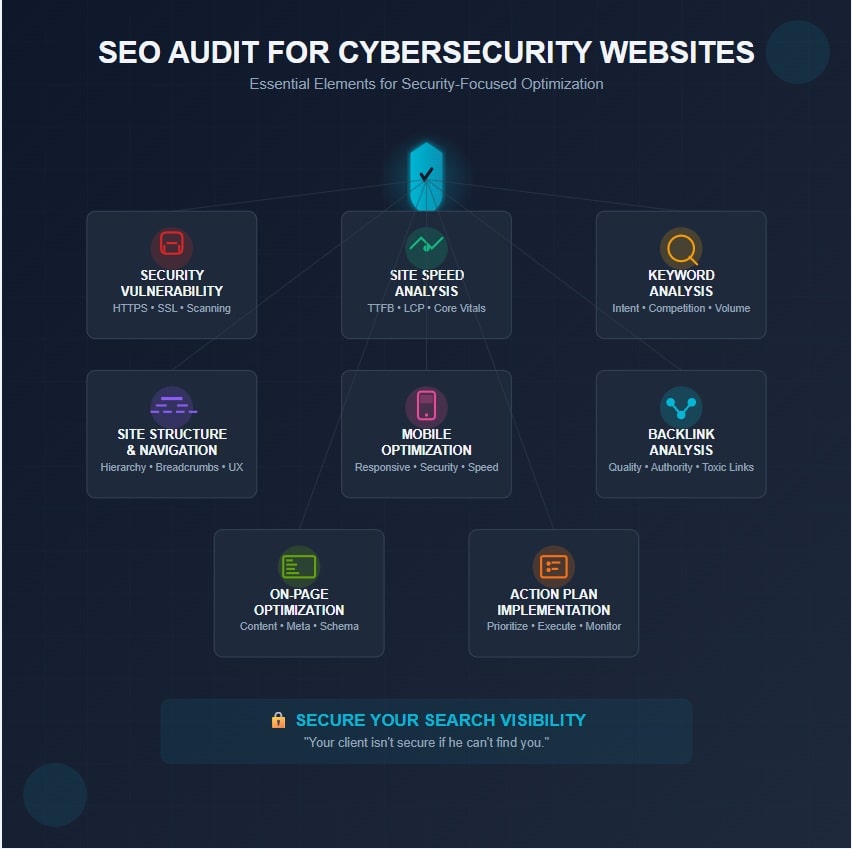 SEO Audit For Cybersecurity Website infographic showing 8 essential elements: security vulnerability assessment with HTTPS and SSL, site speed analysis including Core Web Vitals, keyword research for cybersecurity terms, site structure and navigation optimization, mobile security and responsive design, backlink quality analysis, on-page SEO optimization, and action plan implementation for cybersecurity companies