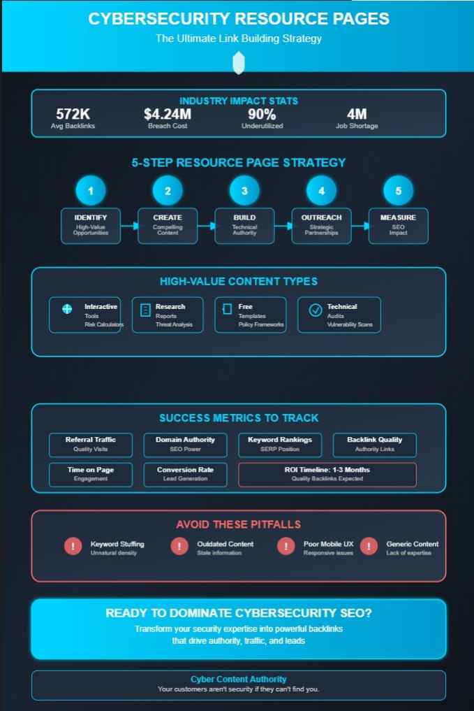 Cybersecurity SEO infographic showing a 5-step strategy for using resource pages to gain links, featuring interactive tools, research reports, free templates, and technical audits that attract 572K average backlinks for security companies
