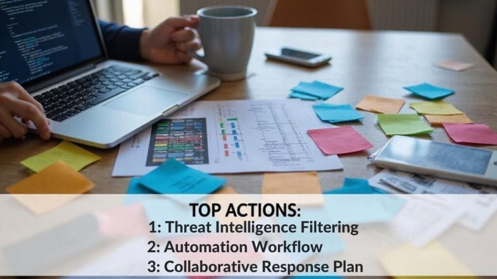 A realistic image of an organized desk with a laptop displaying a cybersecurity dashboard, surrounded by color-coded action cards, a prioritized checklist, and implementation timeline visible. The scene shows a busy security professional implementing real solutions to content saturation amid information overload.