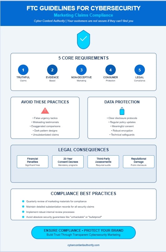 Cybersecurity marketing guidelines infographic showing FTC compliance requirements for data security claims