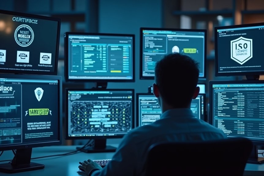 A realistic image showcasing a cybersecurity professional examining certification badges on security software interfaces. Multiple monitors display NIST, ISO 27001, FedRAMP, and SOC 2 logos while the person compares solutions. The environment conveys trust and compliance verification in software selection.