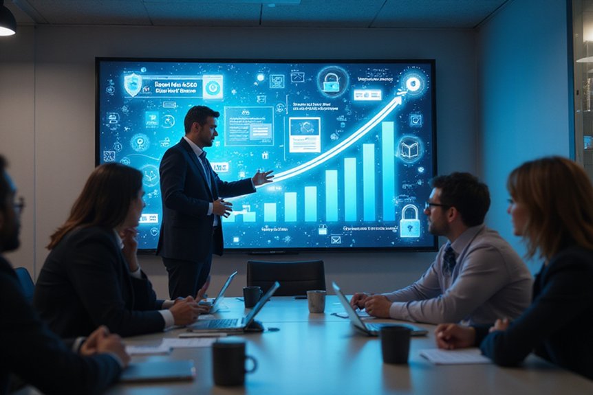 A realistic image depicting a cybersecurity professional presenting conversion data on a digital screen to business executives. Multiple layers of digital protection symbols surround website content mockups. The setting shows a modern conference room with secure devices and trust badges visible.