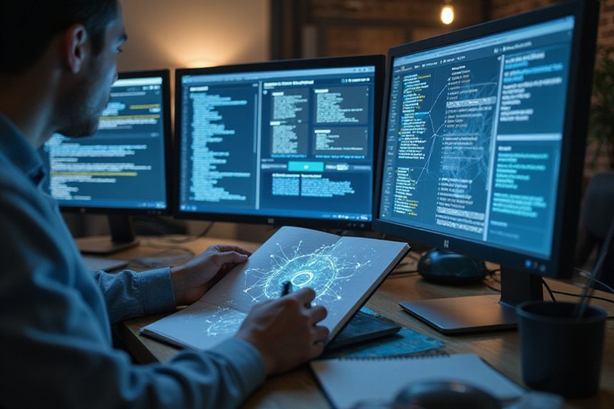 A realistic image of a marketing professional analyzing competitor backlink profiles on multiple computer screens. Holographic data visualizations show backlink networks and trusted cybersecurity publications. A notepad highlights high-value opportunities and strategic connection points between sites, helping to earn backlinks from cybersecurity publications