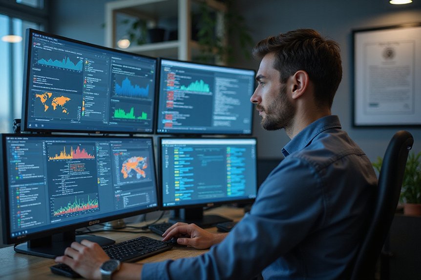 A realistic image showing a cybersecurity expert analyzing website security metrics on multiple screens, with SEO data visualizations and backlink profiles from authoritative resource pages visible. The expert looks confident in a modern office with cybersecurity certifications visible on the wall.