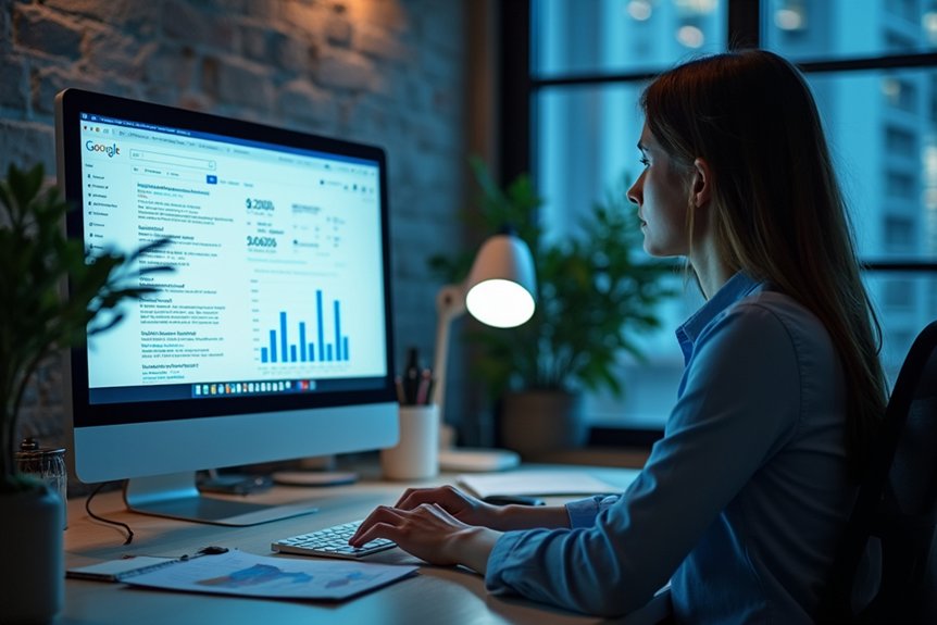 :A realistic image of a cybersecurity professional at their desk researching software solutions. Their computer screen displays search results for "cybersecurity software buyers keywords" with analytics graphs showing top industry keywords. Notes and software comparison charts are visible on the desk.