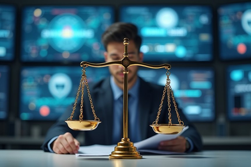 A realistic image of a marketing executive reviewing FTC compliance documents at a modern desk with cybersecurity graphics on screens, balancing scales with "MARKETING CLAIMS" on one side and "REGULATORY COMPLIANCE" on the other, symbolizing the delicate balance between promotion and legal guidelines.