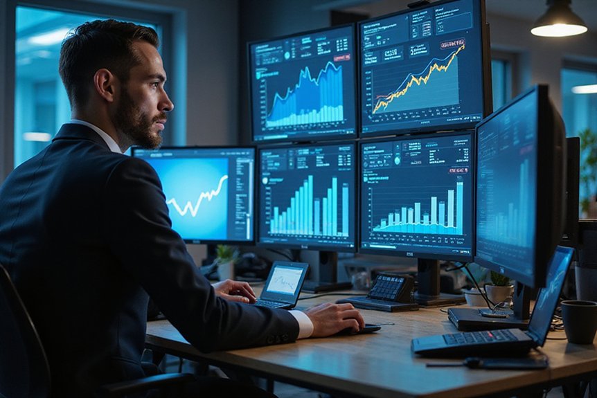 A realistic image showcasing a marketing professional analyzing SEO ROI data on multiple screens displaying cybersecurity software metrics, conversion tracking dashboards, and financial graphs with upward trends. The office setting features modern technology and data visualization tools.