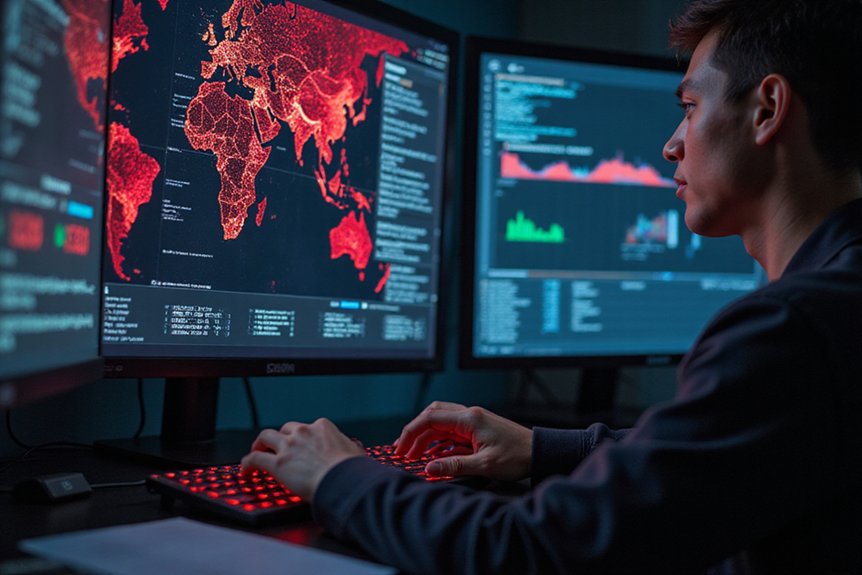A realistic image of a cybersecurity researcher analyzing real-time threat intelligence data on multiple screens in a dark high-tech lab. Digital attack patterns visualized as glowing red network maps. Close-up of hands typing code while monitoring malware behavior. Dramatic lighting highlighting focused expression.