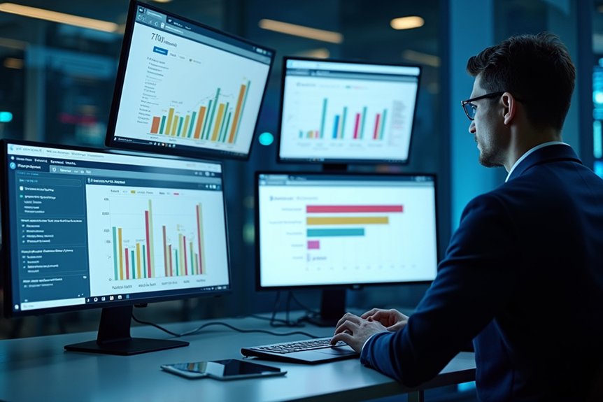 A realistic image showing a cybersecurity professional analyzing multiple screens displaying engagement metrics and competitor content performance data. Charts show varying engagement rates across blogs, webinars, and social media posts with cybersecurity themes. Dashboard highlights competitor content performance analytics with threat intelligence visuals.