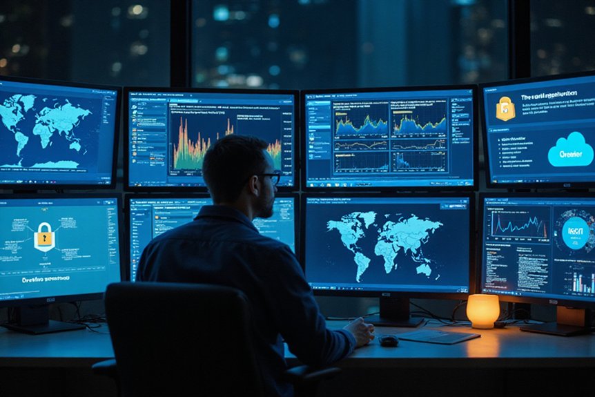 A realistic image showcasing a cybersecurity professional analyzing digital threat maps and search metrics on multiple screens in a modern SOC environment. Data visualizations display trending keywords: "zero trust," "AI threat detection," and "cloud security solutions." Subtle lock icons and shield graphics represent protection.