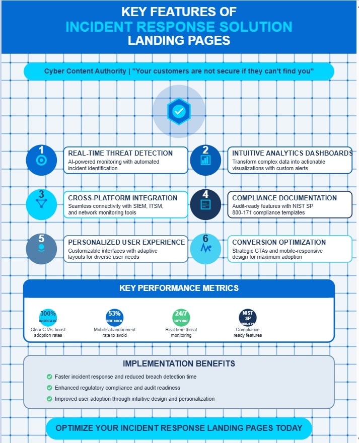 Incident response solution landing page key features infographic showing six essential components: real-time threat detection, analytics dashboards, personalized UX design, seamless integration, compliance documentation, and conversion optimization with performance statistics