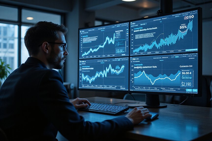 A realistic image of a cybersecurity analyst at a sleek desk analyzing conversion data on multiple screens showing security keyword rankings, traffic metrics, and revenue calculations. Security terms like "endpoint protection" and "zero trust" connect to dollar figures via glowing lines on a dashboard.