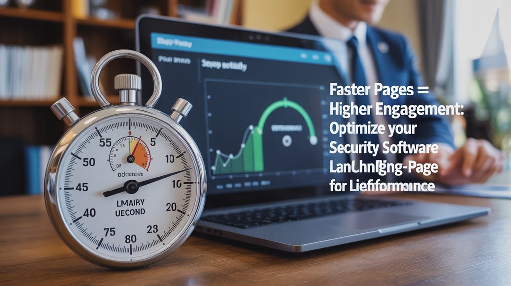 A realistic image of a sleek, modern security software landing page with a stopwatch showing fast load time (under 1 second), displaying security software interface with a visible speed meter and increasing engagement graph. Professional office setting with satisfied user.
