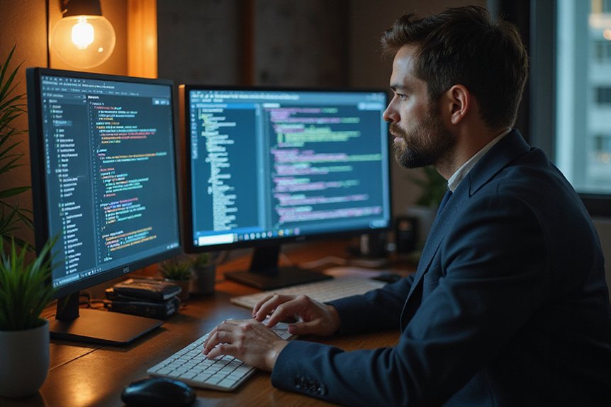 A realistic image of a cybersecurity professional thoughtfully editing content on two monitors, surrounded by digital clutter and noise on one side, while the other shows clean, refined content with clear data visualization.