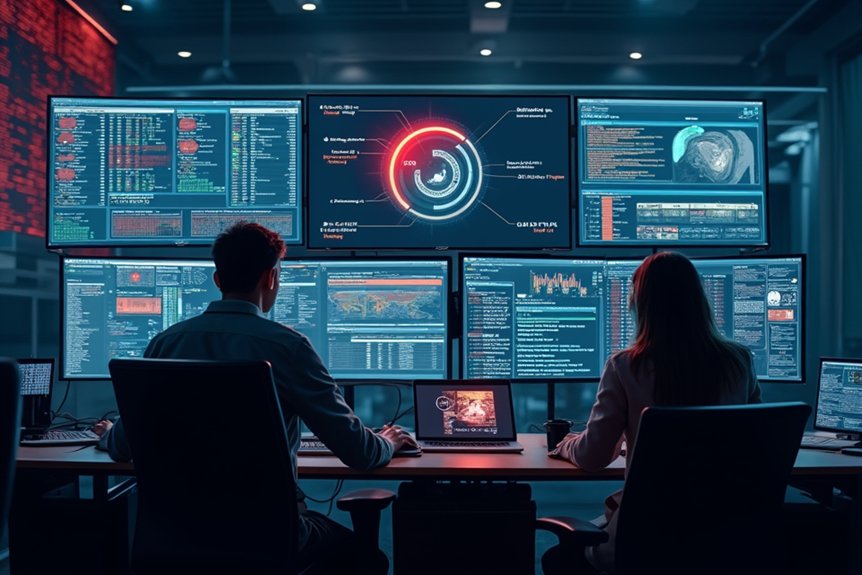 A realistic image showing a security operations center with multiple screens displaying threat detection dashboards, alert feeds, and network traffic analysis. A cybersecurity professional monitors the systems while another responds to a flashing red alert. Equipment includes advanced monitoring tools and servers. An incident response solution landing page should capture this drama