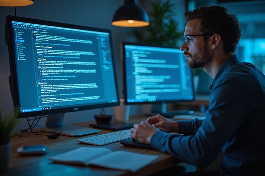 A realistic image depicting a cybersecurity professional analyzing a resource page on a computer screen with visible backlinks and SEO metrics. The screen shows a well-structured cybersecurity resource page with multiple incoming link connections visualized as glowing lines, highlighting the authority flow between websites in the cybersecurity niche.