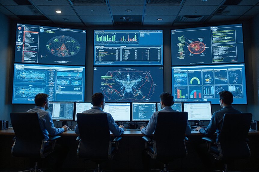 A realistic image of a security operations center where modern incident response software interfaces with legacy systems. Multiple screens display unified dashboards with coherent alerts flowing between different platforms. Security professionals collaborate effectively around integrated workstations.