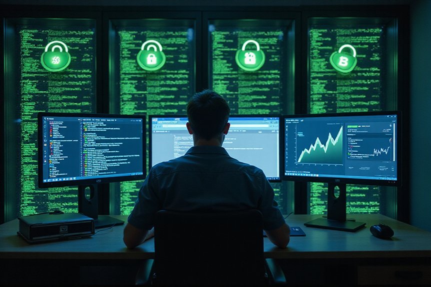 :A realistic image of a secure server room with glowing SSL certificate icons, green padlocks, and upward-trending SEO graphs on monitors. A developer examining code with enhanced security protocols. Chrome browser showing a secure connection symbol next to impressive search rankings. Getting the secure connection symbol is one of the key technical SEO strategies.