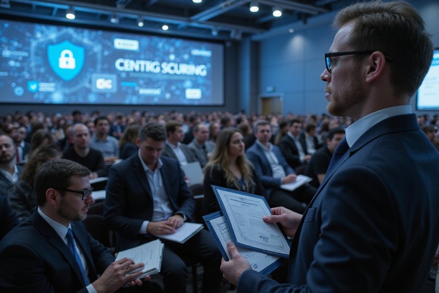:A realistic image of a cybersecurity professional in business attire holding multiple certifications (CISSP, CEH, SOC 2) during a presentation to publishers. A conference hall with security logos and tech journalists taking notes in the background. Professional lighting, photorealistic.