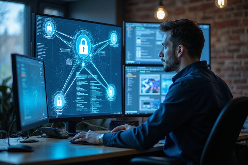 A realistic image showing a web developer conducting an SRO audit for cybersecurity websites. He is analyzing a cybersecurity website structure on multiple screens displaying sitemaps, navigation menus, and security icons. Digital connections flow between pages in a hierarchical structure with security checkpoints highlighted.