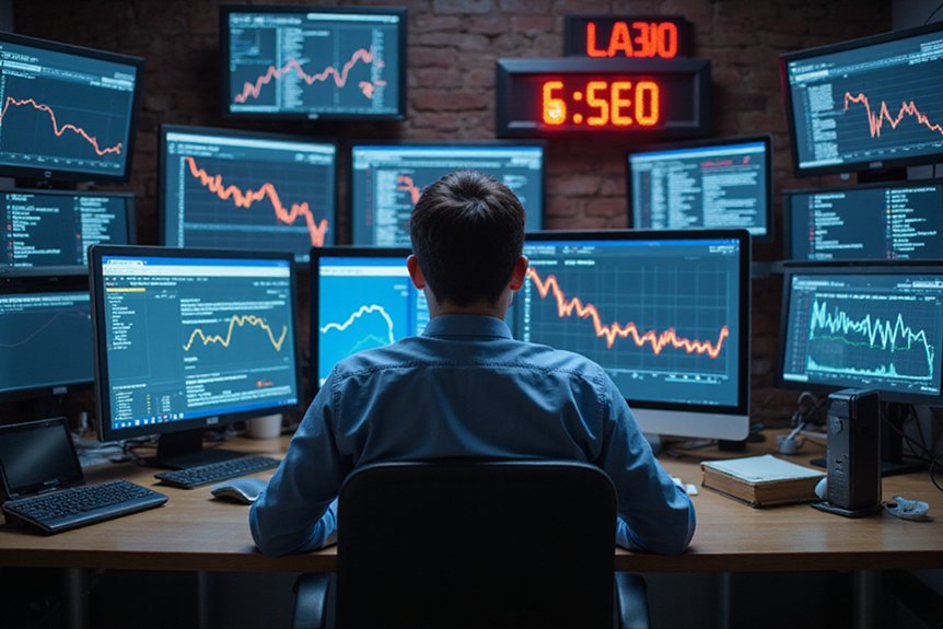 A realistic image of a frustrated cybersecurity professional at a desk with analytics showing declining website traffic, surrounded by warning signs and SEO mistakes. Dark office setting with multiple screens displaying error messages and security icons, emphasizing the disconnect between technical expertise and SEO fundamentals