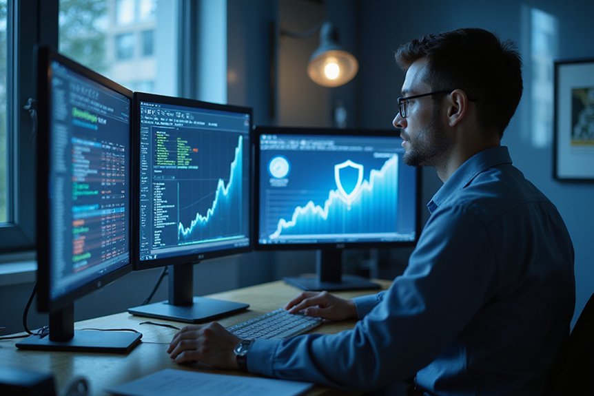A realistic image showing a cybersecurity professional analyzing website traffic data with SEO metrics and security threat indicators on multiple monitors. In the background, website rankings rise while a shield icon protects the domain. Understanding SEO is critical to reaching customers like this.