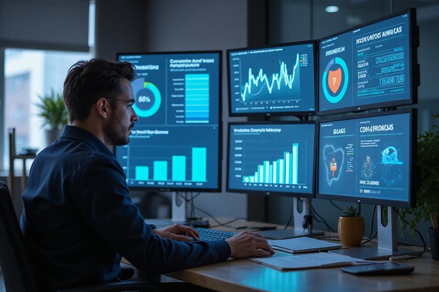 A realistic image of a cybersecurity professional analyzing SEO metrics on multiple screens in a modern office. Charts show conversion rates, keyword rankings, and calculations for ROI for cybersecurity software SEO. Digital security elements like locks and shields integrate with analytics dashboards.
