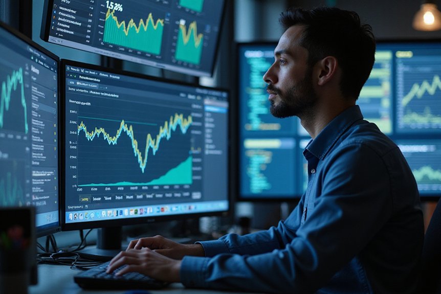 A realistic image showing a cybersecurity analyst studying social sharing metrics on multiple screens displaying threat intelligence dashboards. Charts show engagement rates comparing competitor content performance with line graphs trending upward. The analyst looks focused in a modern security operations center environment.