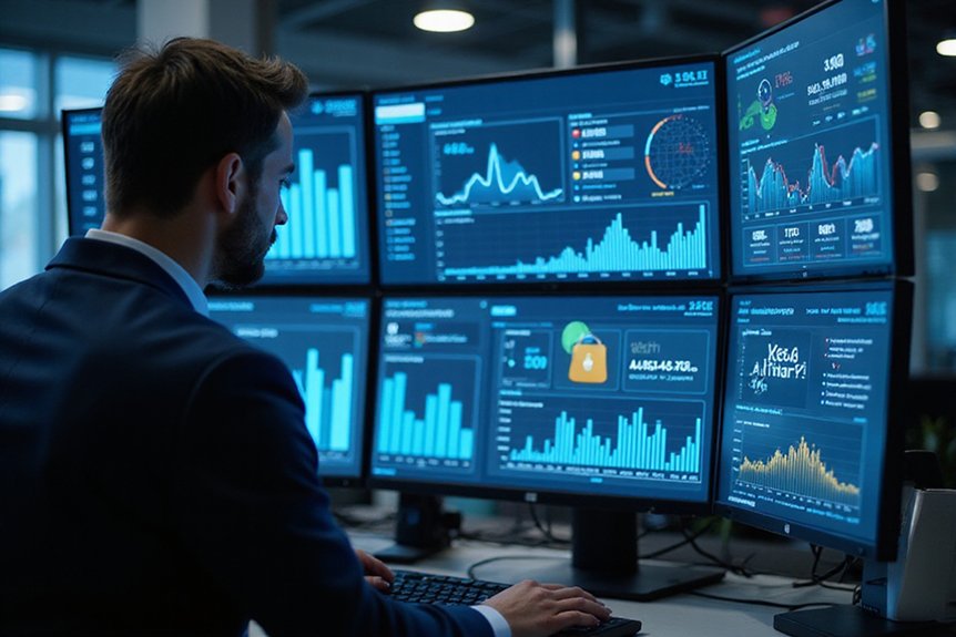 :A realistic image of a cybersecurity professional analyzing an SEO audit for cybersecurity websites on multiple monitors displaying website analytics, security metrics, and keyword rankings. Dashboard shows performance graphs and security indicators in a modern office with subtle blue lighting.