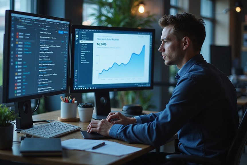 A realistic image showing a cybersecurity professional at a desk analyzing resource pages on multiple monitors. One screen displays SEO metrics with an upward trending graph, while another shows a list of cybersecurity websites accepting link submissions. Natural office lighting illuminates the focused expert.