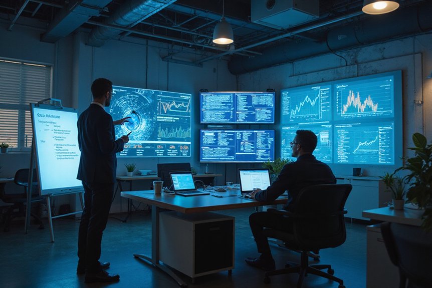 A realistic image of a cybersecurity professional analyzing SEO vulnerabilities on multiple screens in a modern office, with holographic data visualization showing website traffic and security metrics. A whiteboard nearby displays an action plan with prioritized steps.