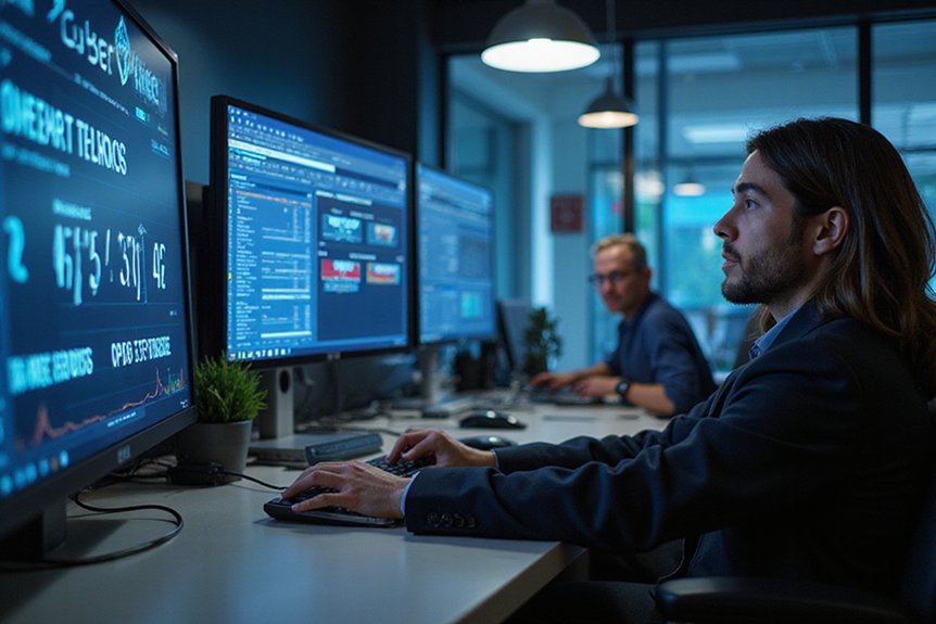 A realistic image showing cybersecurity professionals at CyberShield responding to an incident at their high-tech command center. This is another one of our cybersecurity marketing case studies. Monitors display decreasing breach times and increasing conversion rates from their PPC campaign. A satisfied client observes their quick response to a cyber threat.