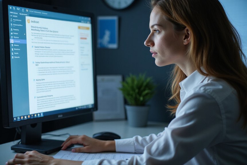 A realistic image depicting a business professional reviewing data protection statements on a computer screen with FTC guidelines for cybersecurity marketing claims visible. The office setting shows cybersecurity symbols and compliance documents. Light emphasizes the professional's focused expression while examining marketing claims documentation