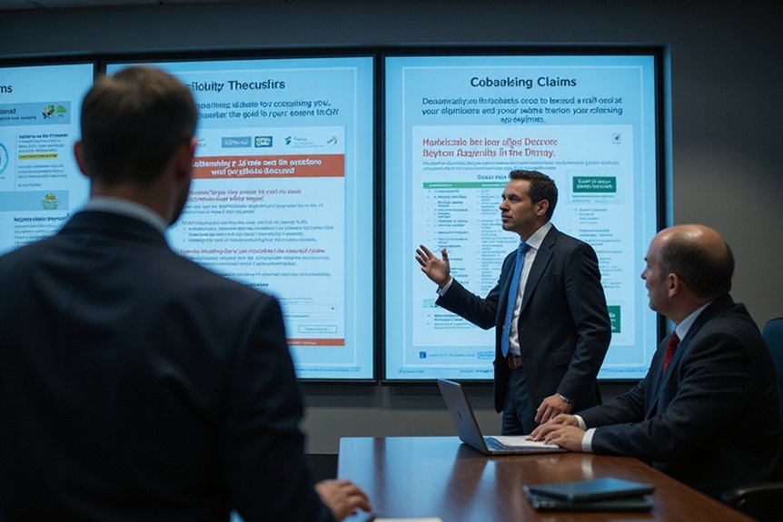 A realistic image depicting a marketing executive presenting cybersecurity software with misleading claims, while FTC investigators review documentation in the background. Screens show "substantiation required" warnings. The scene illustrates transparency standards under the FTC guidelines for cybersecurity marketing claims
